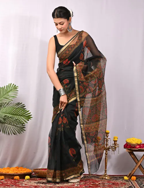 Handcrafted Bagru Print Black Colour Kota Sarees